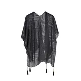 Kimono de playa negro de tejido calado tipo red, con diseño oversize y terminación de flecos en el ruedo inferior.