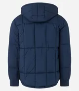 Campera puffer de hombre reversible, con diseño acolchado, cuello alto, capucha y cierre frontal.