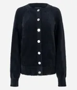 Cardigan de tricot con textura efecto peluche, color negro, de calce regular, escote redondeado y cierre frontal con botones.