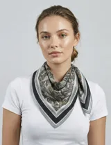 Bandana cuadrada de satén con estampado de arabescos y bordes con diseño geométrico en tonos grises, blancos y detalles en ocre.