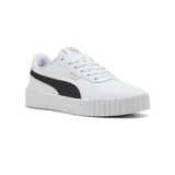 Championes Puma Carina 3.0 de mujer, en color blanco con franja lateral negra y detalles en tono dorado. Cuentan con una suela de plataforma texturizada con diseño acanalado en la parte delantera y trasera.
