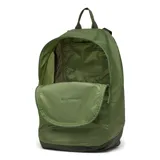 Mochila liviana y plegable de 19 litros, color verde oliva con base en tono más oscuro. Cuenta con compartimento principal con cierre, bolsillo frontal para accesorios y correas ajustables para los hombros.
