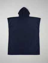 Poncho negro con capucha y logo de la marca Rusty estampado en blanco en el frente.