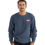 Buzo azul de cuello redondo con el logo de la marca "Rhythm" en un recuadro rojo y la frase "Custom Boards + Surf Essentials" debajo, estampado en el pecho.