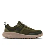 Championes de senderismo Columbia modelo Konos Low, color verde militar con suela en tono arena. Presentan un diseño técnico con empeine de malla transpirable y sobrecapas sintéticas para mayor soporte. Incluyen tecnología Omni-Max para estabilidad y suela de caucho de alta tracción.