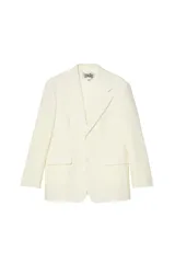 Blazer oversize de corte recto en color marfil, confeccionado en mezcla de lino y lana, perteneciente a la colección Benito Antonio x Zara. Presenta solapas anchas de muesca, cierre frontal de dos botones, bolsillos con solapa en la cadera y un bolsillo de vivo en el pecho.