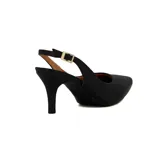 Zapato de tacón Vizzano color marfil, con diseño destalonado (slingback), punta fina, taco alto fino y tira ajustable en el talón con hebilla dorada.