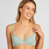 Sujetador de algodón color verde con relleno y detalle de encaje en el borde superior de las copas.