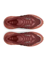 Championes de trail running Under Armour Fat Tire Venture Pro, color bordó con detalles en naranja y suela de caucho marrón. Presentan una parte superior de tejido ripstop con revestimientos de gamuza, sistema de cordones reforzados y amortiguación reactiva UA HOVR.