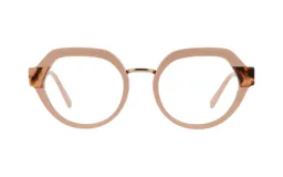 Anteojos de acetato color rosa pálido con forma geométrica y detalles carey en los extremos.