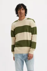 Sweater de punto con diseño de rayas horizontales anchas en color verde oliva y beige. Presenta cuello redondo, puños y ruedo acanalados, con un corte holgado y cómodo.