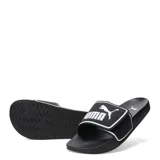 Sandalias tipo ojota Puma modelo Leadcat 2.0 V, color negro con detalles en blanco. Presentan una banda superior ajustable con cierre de velcro y el logo de la marca estampado en contraste.