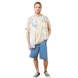 Camisa manga corta color crudo con estampado abstracto en tonos pastel.
