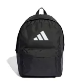 Mochila Adidas Classic 3 Logo de color negro, con un gran compartimento principal y un bolsillo frontal con cierre. Presenta el logotipo de las tres barras de Adidas en color blanco en el centro.