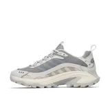 Championes de trail running Merrell modelo Moab Speed 2 Sport, color gris con detalles en crema. Presentan un diseño técnico con empeine de nailon ripstop y TPU, suela Vibram TC5+ de alto agarre y tecnología FlexPlate para mayor estabilidad y flexibilidad.