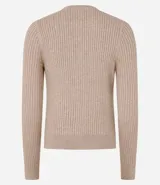 Cardigan corto celeste en punto con textura acanalada, cuello redondo, manga larga y abotonado delantero.