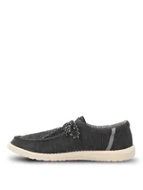 Alpargata Hush Puppies modelo Canyon, color negro con textura tejida. Presenta cordones jaspeados en blanco y negro, y suela de EVA en color crema.