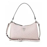 Cartera Guess modelo Jillian, de formato compacto con cierre superior. Presenta un diseño estampado con el logo de la marca en color rosa y blanco, con herrajes plateados, asa corta para llevar al hombro y correa larga ajustable y extraíble.