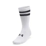 Pack de seis pares de medias Under Armour Essential Crew unisex, color blanco con rayas horizontales negras en la parte superior y logo de la marca en el tobillo.