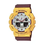 Reloj Casio G-Shock amarillo con correa marrón, analógico y digital, resistente al agua hasta 200 metros.
