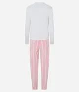 Conjunto de pijama largo de plush, compuesto por una blusa de manga larga y un pantalón con lazo en la cintura y estampado a rayas verticales.