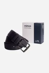 Cinturón Mistral modelo Ted de poliuretano color negro, con hebilla metálica rectangular y trabilla con relieve de la marca.