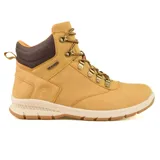 Bota de trekking Hi-tec modelo Sanford, color tostado con detalles en marrón oscuro y suela de goma con relieve. Cuenta con cordones bicolor y ojales metálicos.