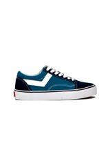 Championes deportivos Pony modelo Garden, color azul marino con el característico logo lateral en blanco y cordones blancos. Suela de goma blanca con línea negra.