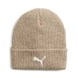 Gorro de lana Puma Classics Elev. Beanie color beige con logo bordado en blanco.
