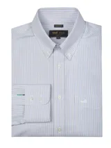 Camisa de manga larga RKF con diseño de rayas verticales finas en tonos azul y gris sobre fondo blanco. Presenta cuello button-down, bolsillo frontal en el pecho con logo bordado y puños ajustables con botones.