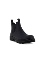 Bota tipo Chelsea de la marca Ecco, modelo Grainer M, confeccionada en nubuck engrasado color negro. Presenta paneles elásticos laterales reforzados para facilitar el calce, tiradores frontales y traseros, y una suela de goma robusta con tecnología ECCO FLUIDFORM que asegura comodidad y durabilidad.