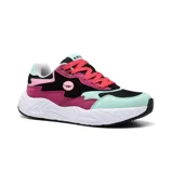 Championes deportivos Hi-Tec Lea con capellada multicolor en tonos rosa, fucsia, negro y verde agua. Posee cordones rosas y suela blanca con tecnología memory foam.