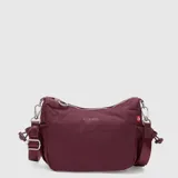 Cartera tipo bandolera de la marca Bubba, color bordó, con compartimento principal con cierre y dos bolsillos laterales con ajuste de cordón. Incluye correa ajustable y detalles metálicos.