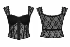 Corset de encaje negro con diseño floral, copas estructuradas y cierre frontal con botones a presión. Presenta breteles anchos de encaje y espalda con diseño de red.