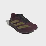 Championes de running Adidas Adizero EVO SL, color bordó con las icónicas tres tiras en dorado metalizado. Presentan una mediasuela robusta con tecnología LightstrikePro para mayor amortiguación y retorno de energía, y suela de caucho para mayor tracción.