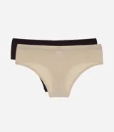 Kit de dos bombachas modelo bikini de tiro medio, confeccionadas en algodón con elastano. Incluye una prenda en color beige y otra en negro, ambas con ribetes elásticos y un pequeño detalle metálico con el logo de la marca en el lateral.