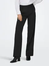 Pantalón sastrero negro de tiro alto y diseño wide leg, con cierre frontal de gancho y cremallera, y pasacintos en la cintura.