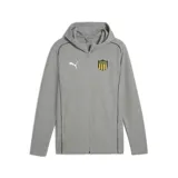Campera gris con capucha y cierre frontal, con detalles en negro y amarillo. Logo de Puma bordado en blanco y escudo del Club Atlético Peñarol bordado en el pecho.
