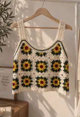 Top tejido a crochet confeccionado con la técnica de granny squares, presentando un diseño multicolor con motivos florales en tonos amarillos, verdes y bordó sobre base cruda, con tirantes anchos y escote redondo.