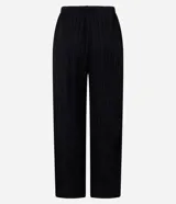 Pantalón femenino de corte recto y fluido, cintura alta con elástico y lazo ajustable. Tejido de chiffon texturizado.