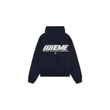 Hoodie oversize Eme Studios de color azul marino, con capucha y bolsillo tipo canguro. Presenta un gran estampado blanco en la espalda con el logotipo de la marca y texto descriptivo.