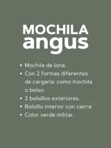 Mochila verde militar de lona con cierre superior con solapa y broche metálico. Tiene un bolsillo lateral con botón a presión y etiqueta de cuero con logo de la marca.