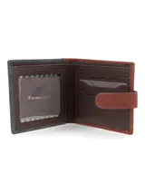 Billetera Terrano de diseño clásico, confeccionada en nobuck color tostado con detalles en cuero color marrón oscuro. Cuenta con presilla de cierre para mayor seguridad y compartimentos internos para organizar tarjetas, billetes y documentos.