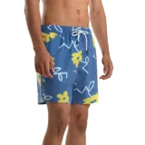 Short de baño Quiksilver modelo Street Floral para hombre, de color azul con estampado de flores amarillas y trazos blancos. Cuenta con cintura elástica y cordón ajustable blanco.