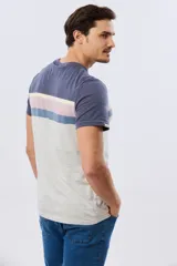 Remera de algodón de corte clásico y manga corta, con diseño de franjas horizontales en tonos azul, beige, verde y azul marino sobre base blanca.