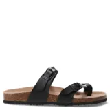 Sandalias tipo Birkenstock color blanco, con dos tiras ajustables con hebillas metálicas y suela de corcho con base de goma blanca.