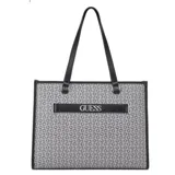 Cartera tipo shopper de la marca Guess, con diseño estructurado y estampado de monograma en tonos gris y negro. Cuenta con asas superiores fijas, cierre superior y una banda decorativa frontal con el logo de la marca en letras metálicas.