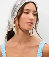 Pañuelo triangular de encaje blanco con textura floral, diseño transparente y terminación ondulada.