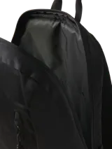 Mochila negra de poliéster con doble correa ajustable, cierre con cremallera y bolsillo interno con cierre y compartimento especial para laptop.