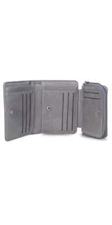 Billetera de cuero color marrón oscuro con broche metálico. Incluye monedero con cierre, compartimento para billetes y ranuras para tarjetas.